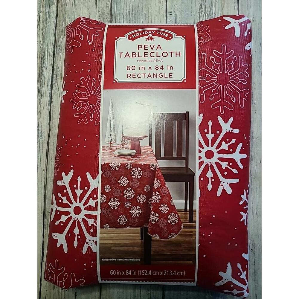 PEVA Tablecloth Red with White Snowflakes Christmas 60 x 84 Inch Rectangle